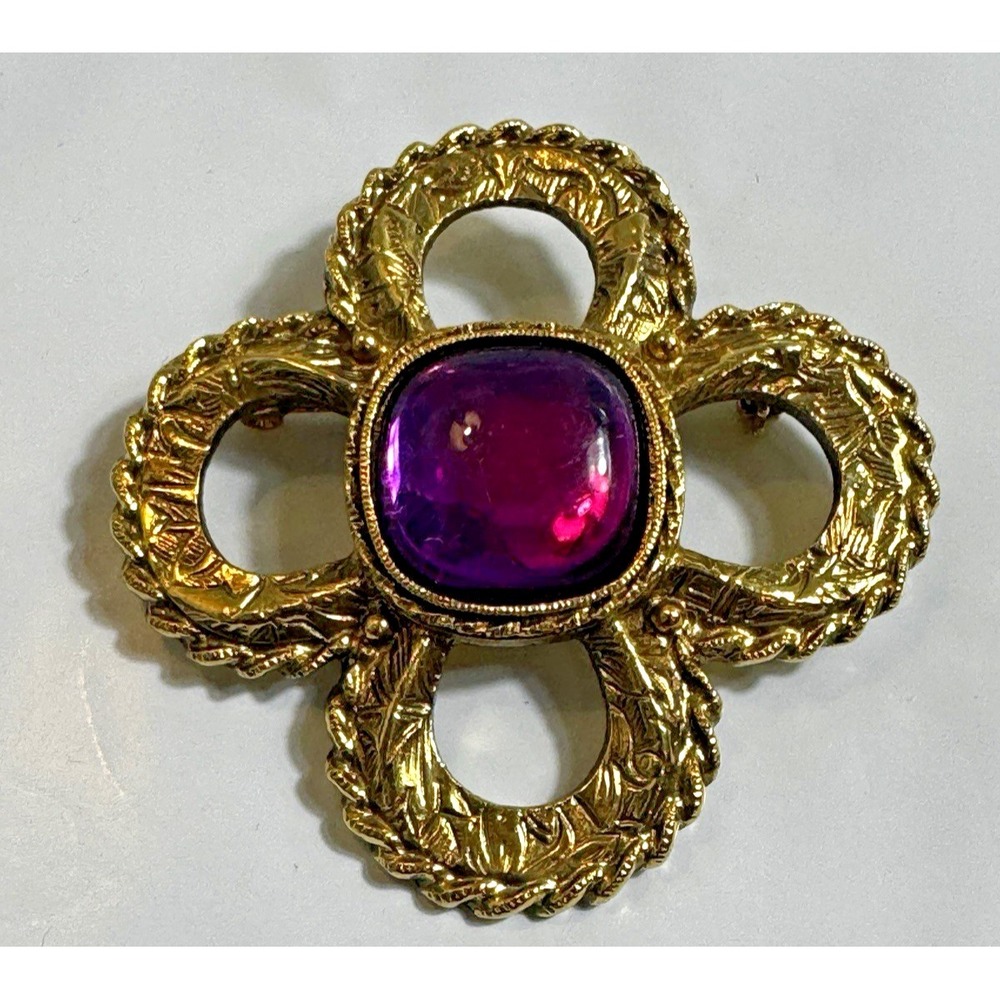 Vintage Gold Tone Purple Cabochon Brooch Ornate Quatrefoil Statement‎ Pin 2.25in